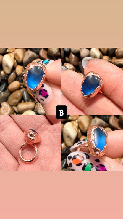 Blue Sea Glass Copper Ring Collection