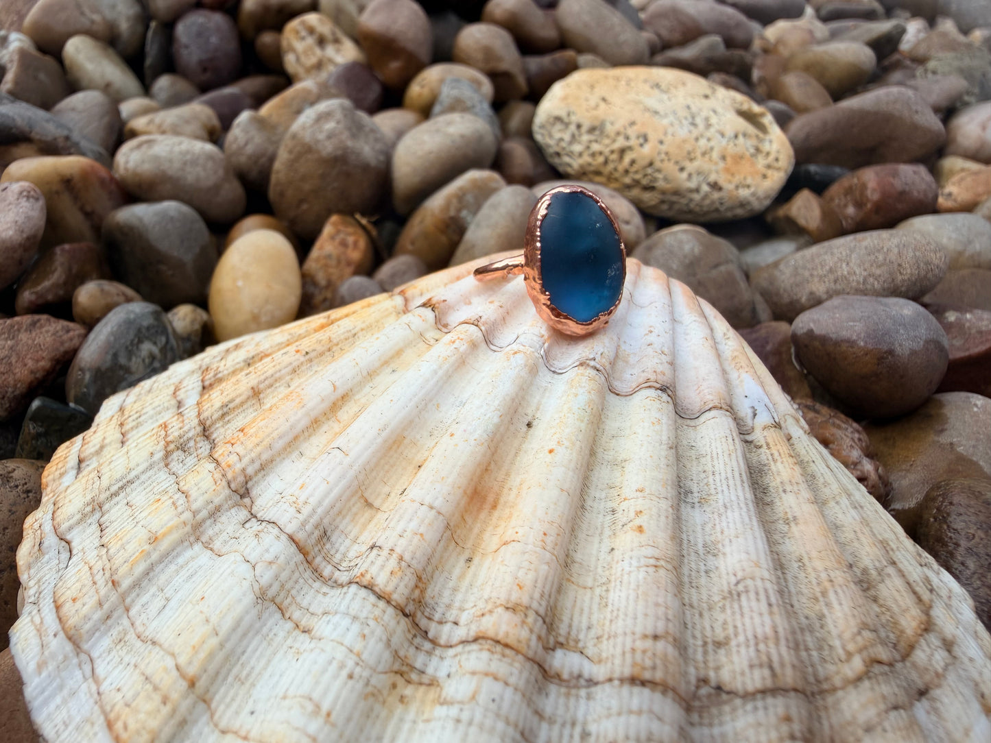 6mm Oval Blue Sea Glass Copper Ring