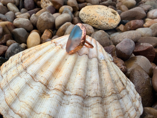 8mm Blue Clear Dyed Sea Glass Copper Dreadlock Ring