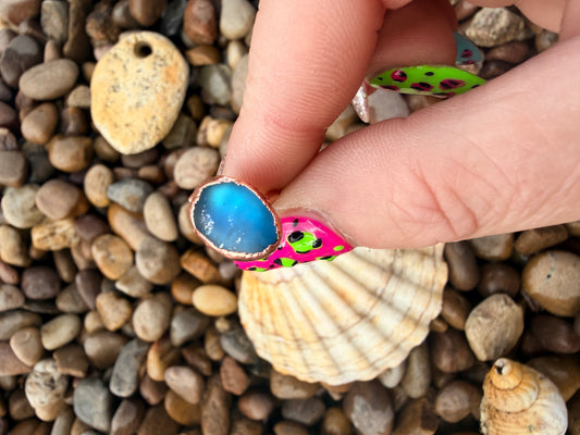 6mm Oval Blue Sea Glass Copper Ring