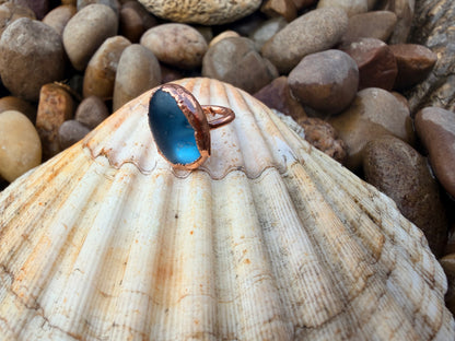 6mm Oval Blue Sea Glass Copper Ring