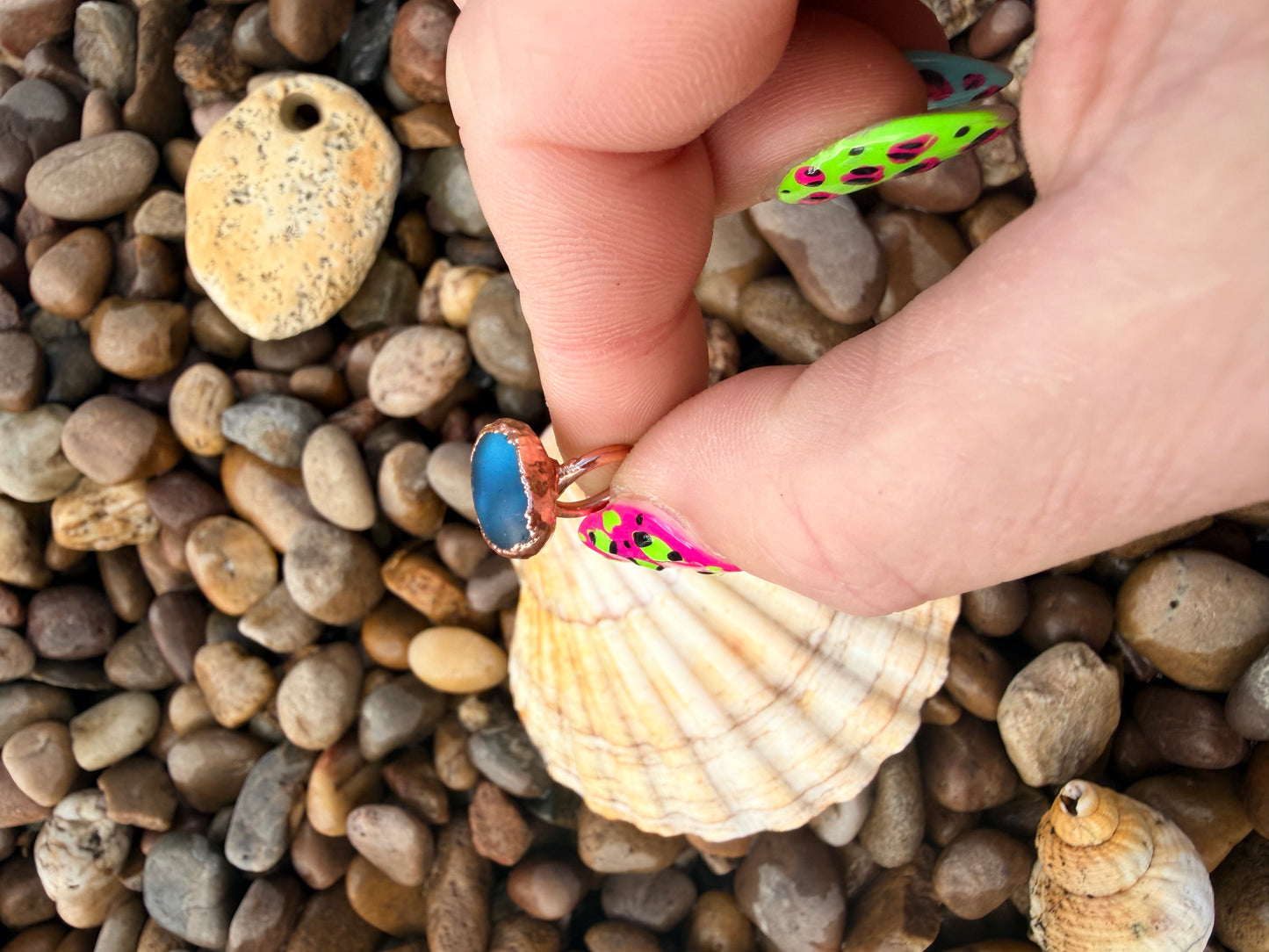 6mm Oval Blue Sea Glass Copper Ring