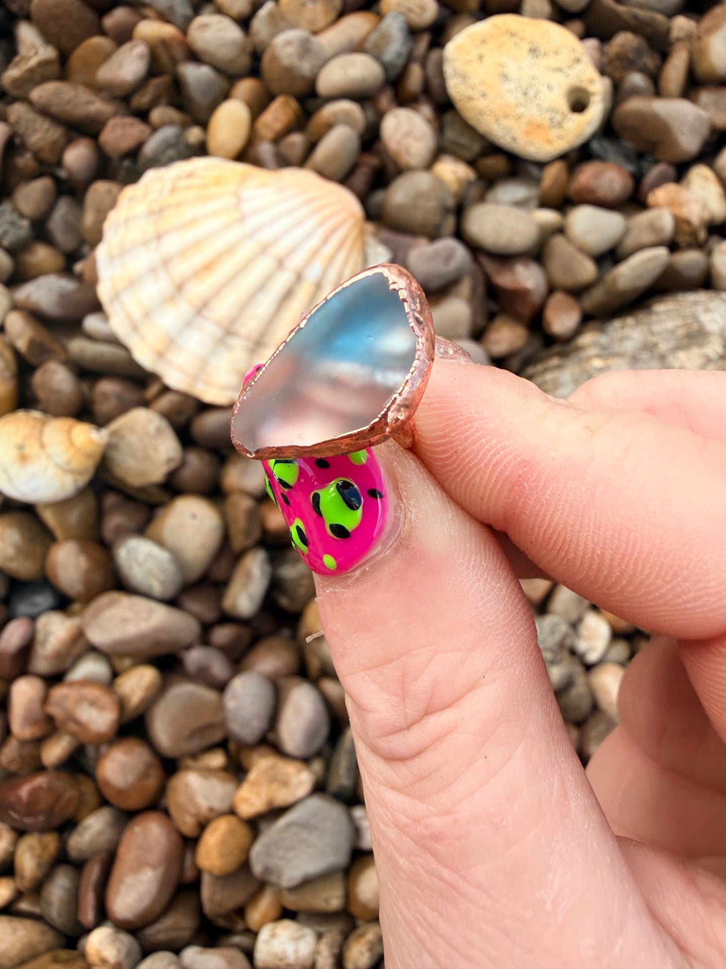 8mm Blue Clear Dyed Sea Glass Copper Dreadlock Ring