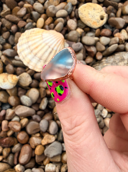 8mm Blue Clear Dyed Sea Glass Copper Dreadlock Ring