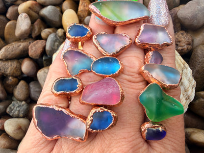 6mm Oval Blue Sea Glass Copper Ring
