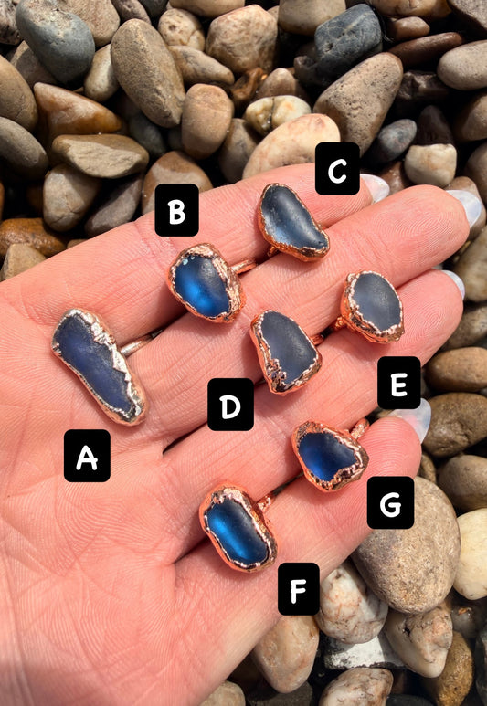 Blue Sea Glass Copper Ring Collection