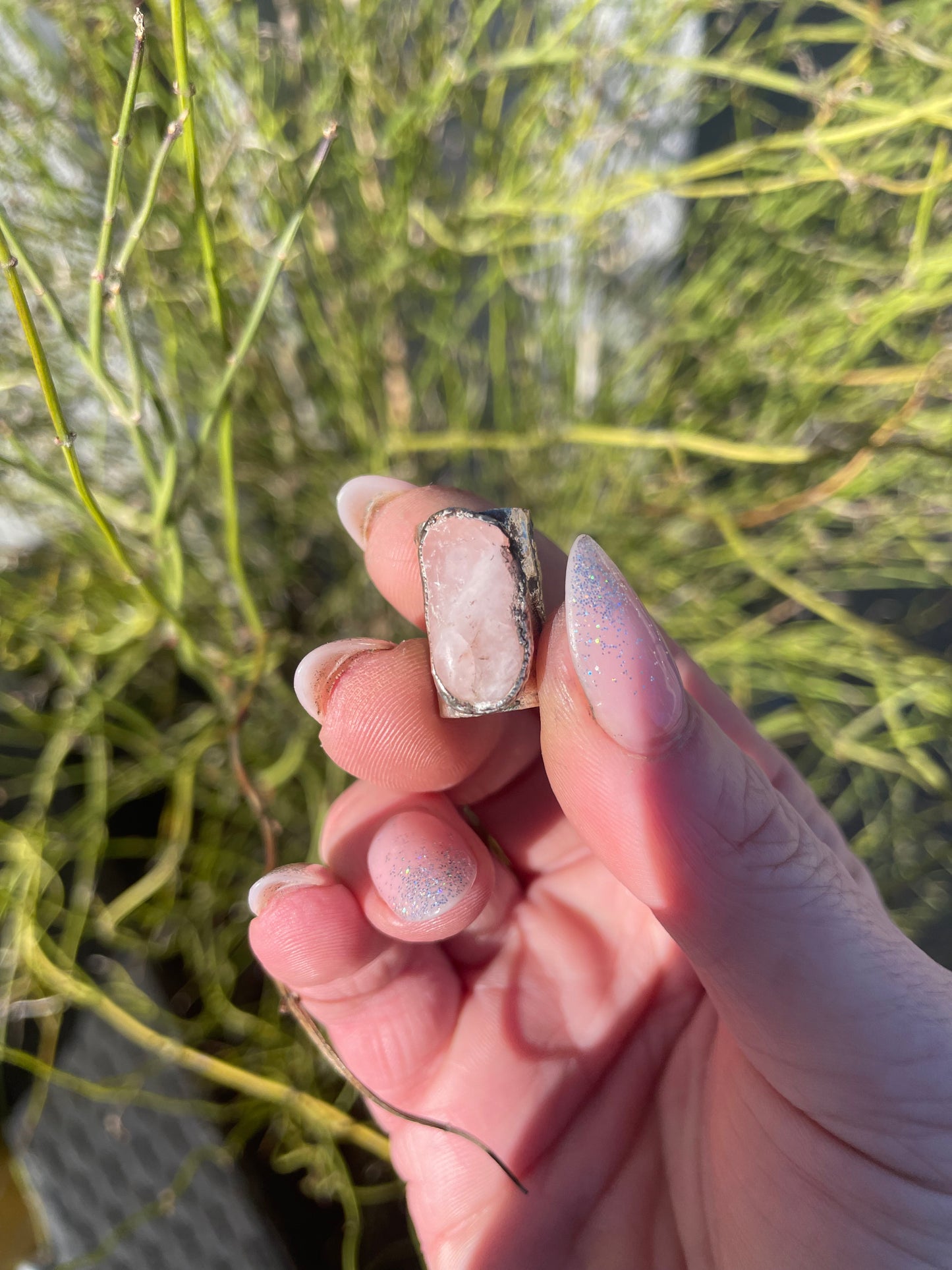 Silver Plated oval Rose Quartz Bead